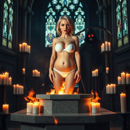 A beautiful 18-year-old blonde girl with a thin face and curvy figure, featuring large round soft breasts, a soft belly, very wide soft hips, large round thighs, and thick round legs