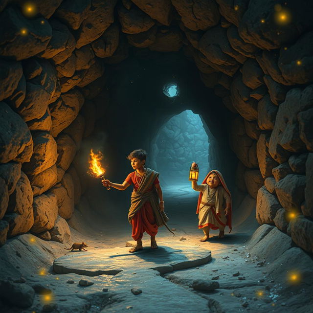 An enchanting scene inside a magical underground world of mice, featuring two 16-year-old Hindu princes exploring a mysterious tunnel