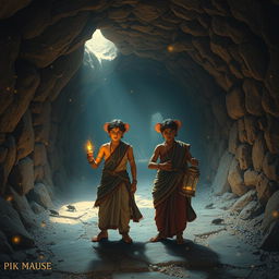 An enchanting scene inside a magical underground world of mice, featuring two 16-year-old Hindu princes exploring a mysterious tunnel