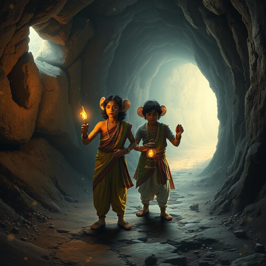 An enchanting scene inside a magical underground world of mice, featuring two 16-year-old Hindu princes exploring a mysterious tunnel