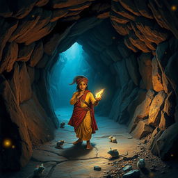 An enchanting scene inside a magical underground world of mice, featuring two 16-year-old Hindu princes exploring a mysterious tunnel