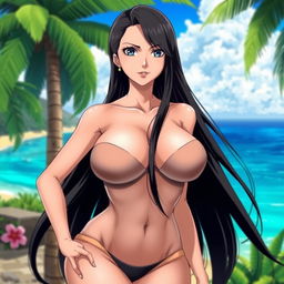 A beautifully illustrated anime character inspired by the style of One Piece, featuring a tall, elegant woman with long black hair and striking blue eyes