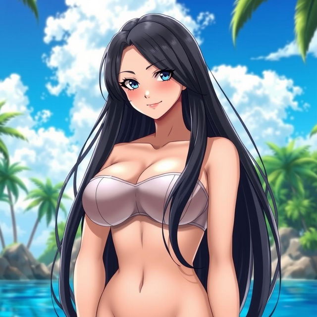 A beautifully illustrated anime character inspired by the style of One Piece, featuring a tall, elegant woman with long black hair and striking blue eyes