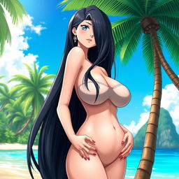 A beautifully illustrated anime character inspired by the style of One Piece, featuring a tall, elegant woman with long black hair and striking blue eyes