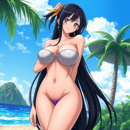 A beautifully illustrated anime character inspired by the style of One Piece, featuring a tall, elegant woman with long black hair and striking blue eyes