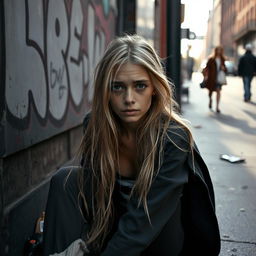 A poignant portrait of a homeless skinny girl with long, unkempt blonde hair, sitting on the sidewalk against a graffiti-covered wall