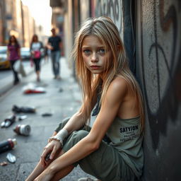 A poignant portrait of a homeless skinny girl with long, unkempt blonde hair, sitting on the sidewalk against a graffiti-covered wall