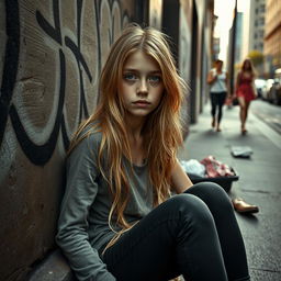 A poignant portrait of a homeless skinny girl with long, unkempt blonde hair, sitting on the sidewalk against a graffiti-covered wall