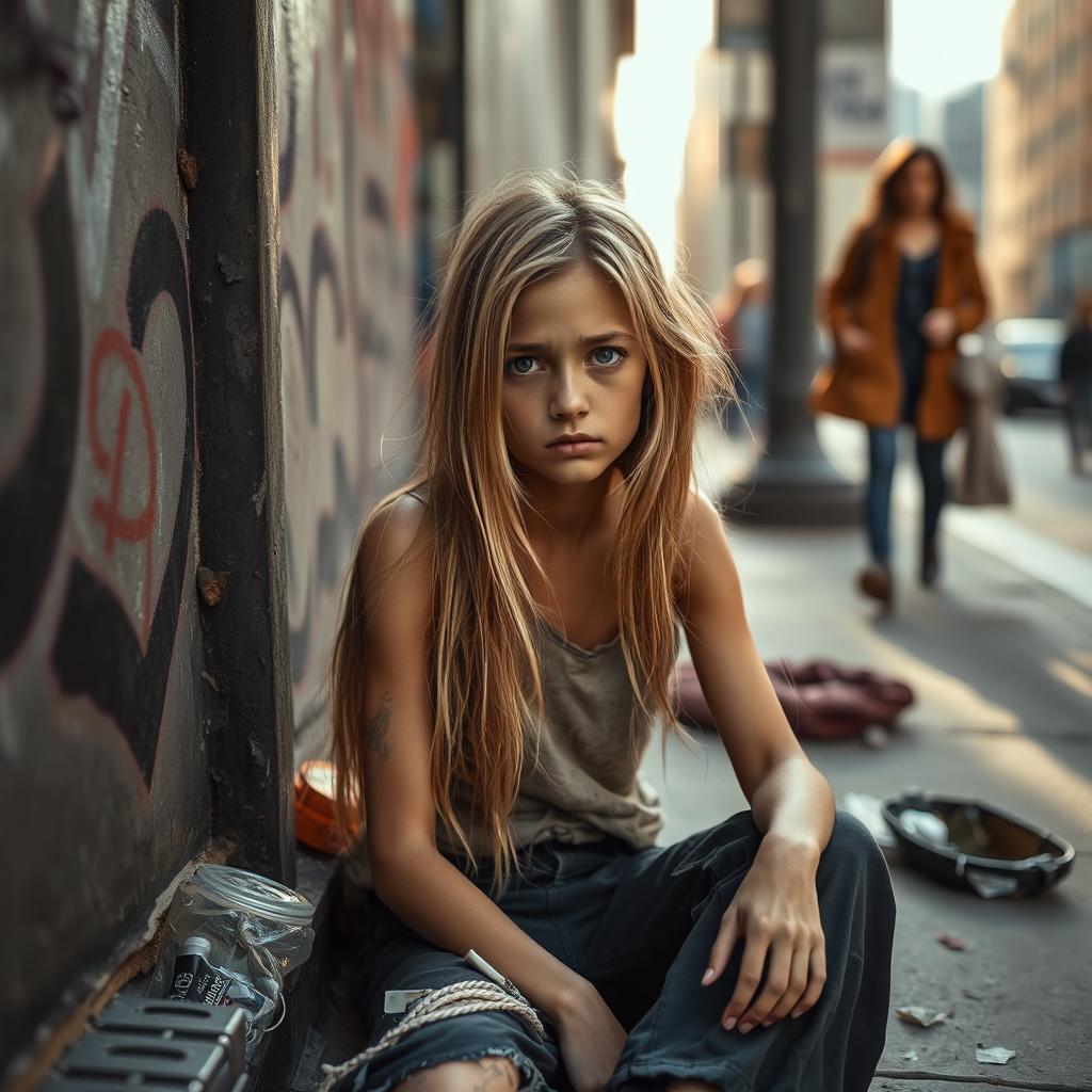 A poignant portrait of a homeless skinny girl with long, unkempt blonde hair, sitting on the sidewalk against a graffiti-covered wall