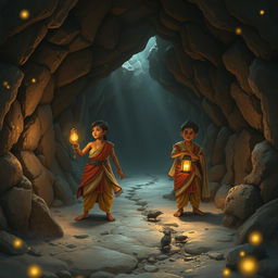 An enchanting scene inside a magical underground world of mice, featuring two 18-year-old Hindu princes exploring a mysterious tunnel