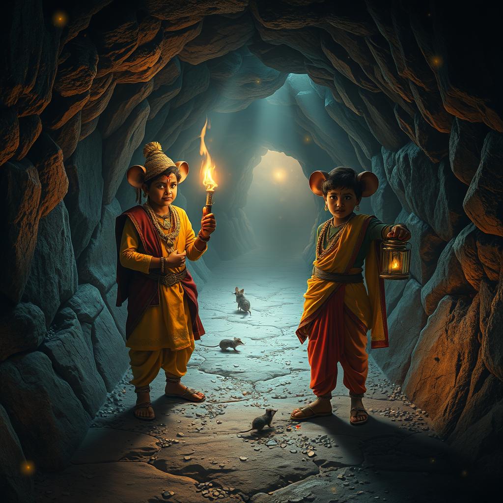 An enchanting scene inside a magical underground world of mice, featuring two 18-year-old Hindu princes exploring a mysterious tunnel