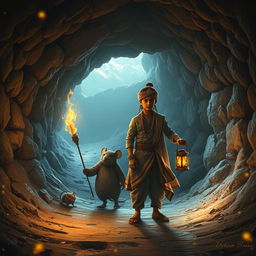 An enchanting scene inside a magical underground world of mice, featuring two 18-year-old Hindu princes exploring a mysterious tunnel