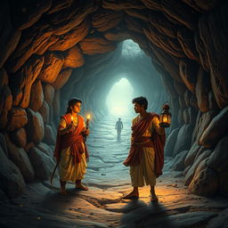 An enchanting scene inside a magical underground world of mice, featuring two 18-year-old Hindu princes exploring a mysterious tunnel