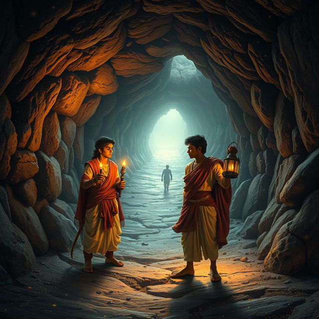 An enchanting scene inside a magical underground world of mice, featuring two 18-year-old Hindu princes exploring a mysterious tunnel