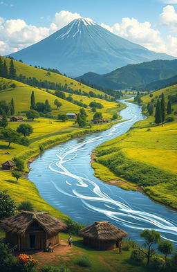 A serene landscape depicting the hills of Samia, Luhya land, illustrating a picturesque view of life in the village