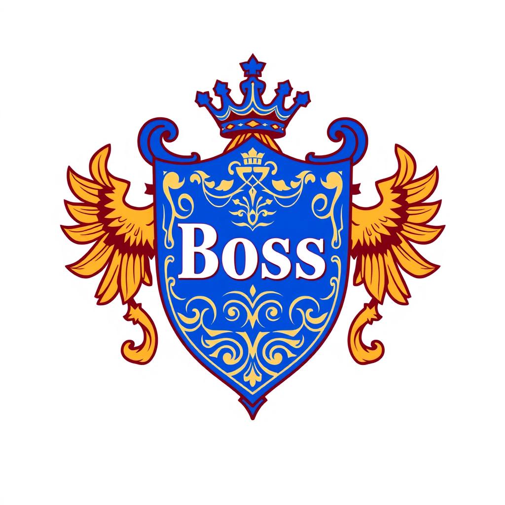 A striking coat of arms design featuring the word 'Boss' prominently displayed in the center