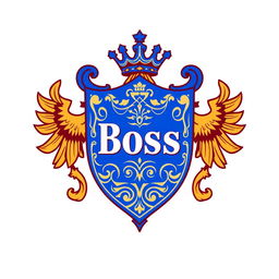A striking coat of arms design featuring the word 'Boss' prominently displayed in the center