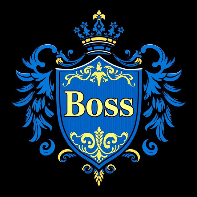 A striking coat of arms design featuring the word 'Boss' prominently displayed in the center