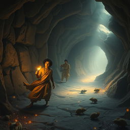 An enchanting scene inside a magical underground world of mice, featuring two 18-year-old Hindu princes exploring a mysterious tunnel