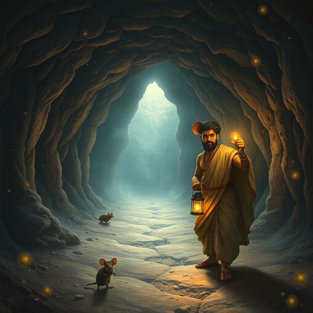 An enchanting scene inside a magical underground world of mice, featuring two 18-year-old Hindu princes exploring a mysterious tunnel
