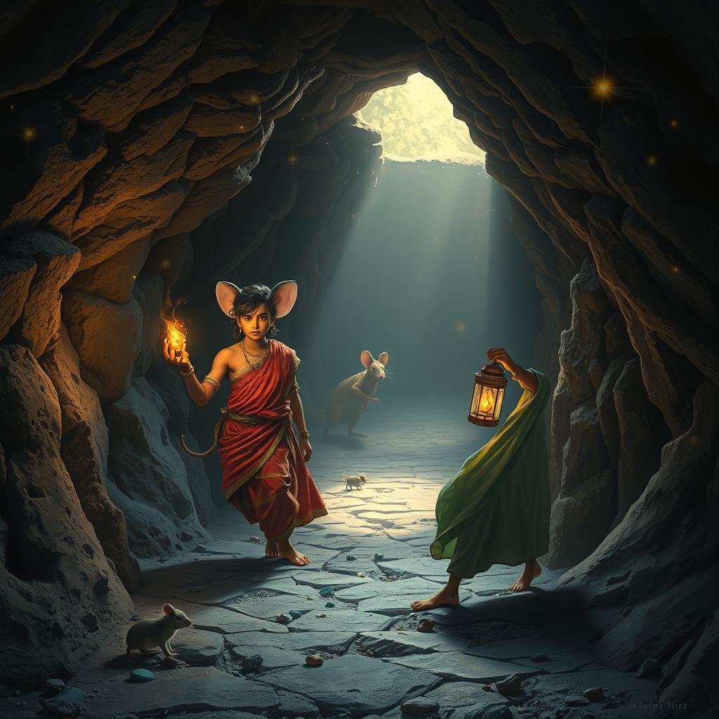 An enchanting scene inside a magical underground world of mice, featuring two 18-year-old Hindu princes exploring a mysterious tunnel
