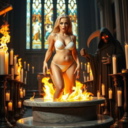 A striking 18-year-old blonde girl with a thin face and a curvy physique, featuring large round soft breasts, a soft belly, very wide soft hips, large round thighs, and thick round legs