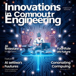 A sleek and modern magazine cover design for a computer engineering magazine, featuring a high-tech circuit board background with glowing elements