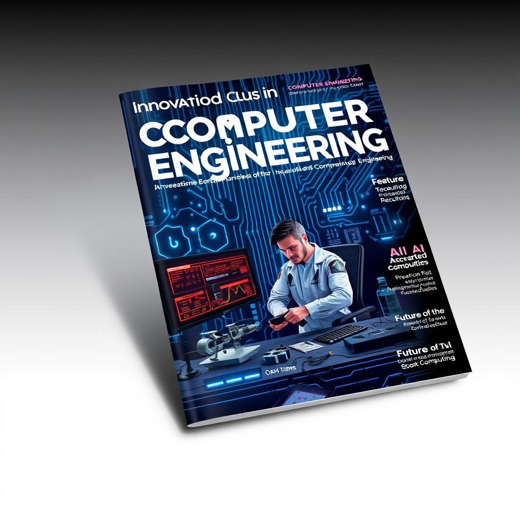 A sleek and modern magazine cover design for a computer engineering magazine, featuring a high-tech circuit board background with glowing elements