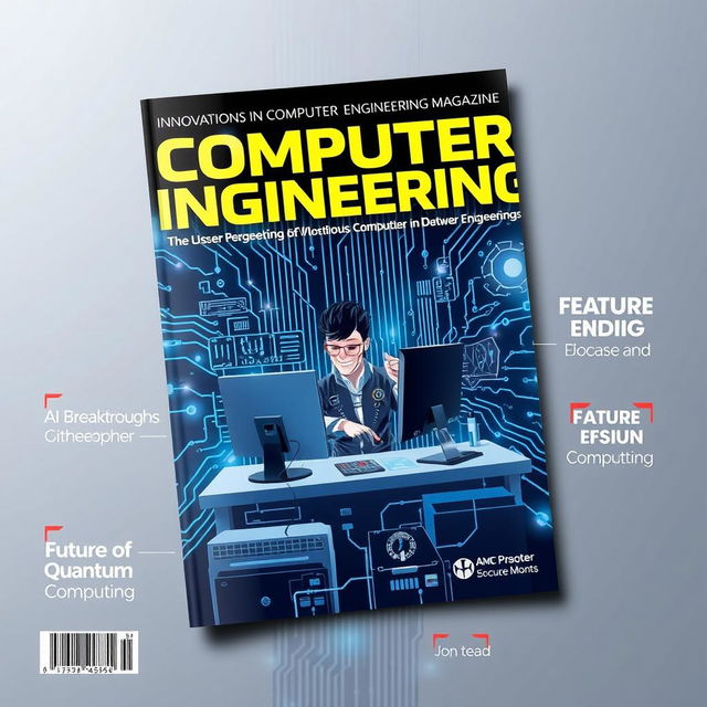 A sleek and modern magazine cover design for a computer engineering magazine, featuring a high-tech circuit board background with glowing elements