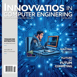 A sleek and modern magazine cover design for a computer engineering magazine, featuring a high-tech circuit board background with glowing elements