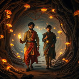 A cinematic, enchanting scene set in a magical world inside a network of tunnels resembling a mouse’s burrow