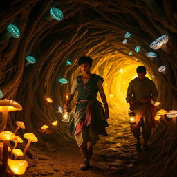 A cinematic, enchanting scene set in a magical world inside a network of tunnels resembling a mouse’s burrow