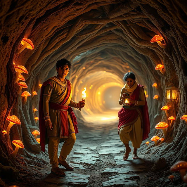 A cinematic, enchanting scene set in a magical world inside a network of tunnels resembling a mouse’s burrow