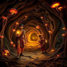 A cinematic, enchanting scene set in a magical world inside a network of tunnels resembling a mouse’s burrow