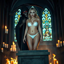 A captivating 18-year-old blonde girl with a thin face and a curvy figure, characterized by large round soft breasts, a soft belly, very wide soft hips, large round thighs, and thick round legs
