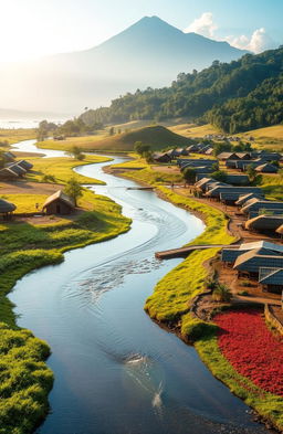 A picturesque landscape of Samia, Luhya land, featuring a river flowing gracefully from north to south, with its source at the foot of the majestic Mt