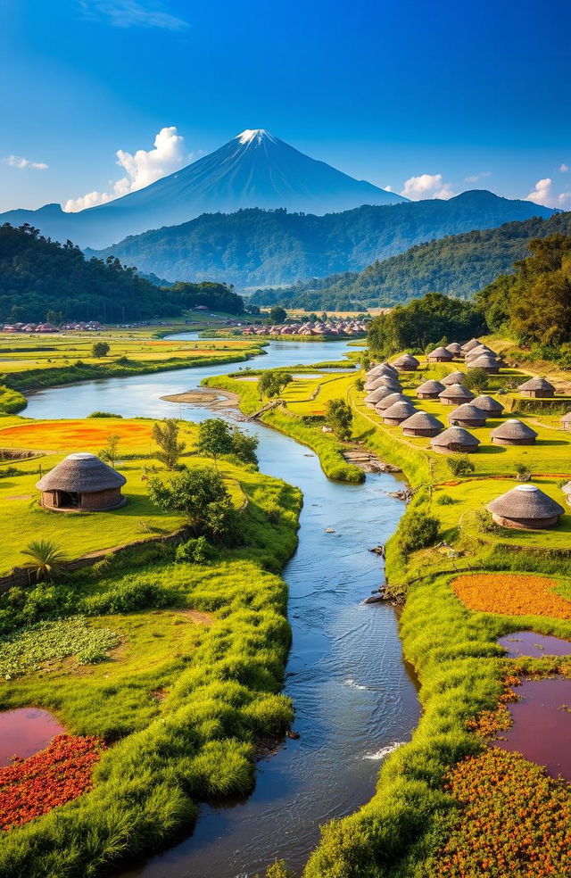 A picturesque landscape of Samia, Luhya land, featuring a river flowing gracefully from north to south, with its source at the foot of the majestic Mt