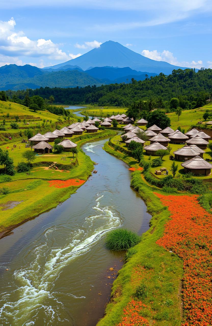 A picturesque landscape of Samia, Luhya land, featuring a river flowing gracefully from north to south, with its source at the foot of the majestic Mt