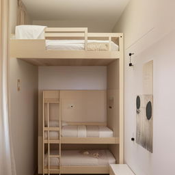 Compact 3x4 room featuring a cozy bunk bed, tastefully furnished with light color palette