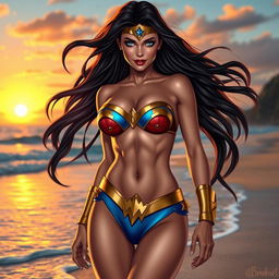 A stunning and sensual depiction of a character inspired by Wonder Woman, wearing a vibrant and stylish bikini