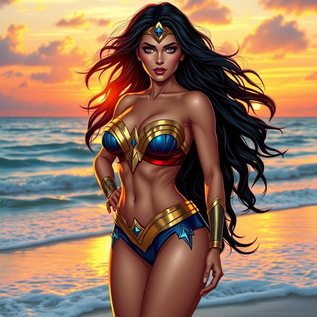 A stunning and sensual depiction of a character inspired by Wonder Woman, wearing a vibrant and stylish bikini