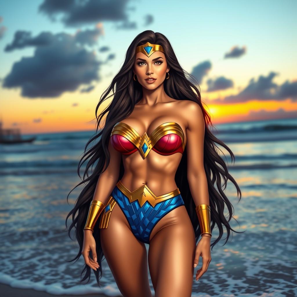 A stunning and sensual depiction of a character inspired by Wonder Woman, wearing a vibrant and stylish bikini