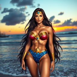 A stunning and sensual depiction of a character inspired by Wonder Woman, wearing a vibrant and stylish bikini