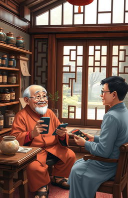A humorous and educational scene depicting an elderly traditional Chinese doctor (老中医) engaging with modern digital culture by learning to use emoji (表情包)
