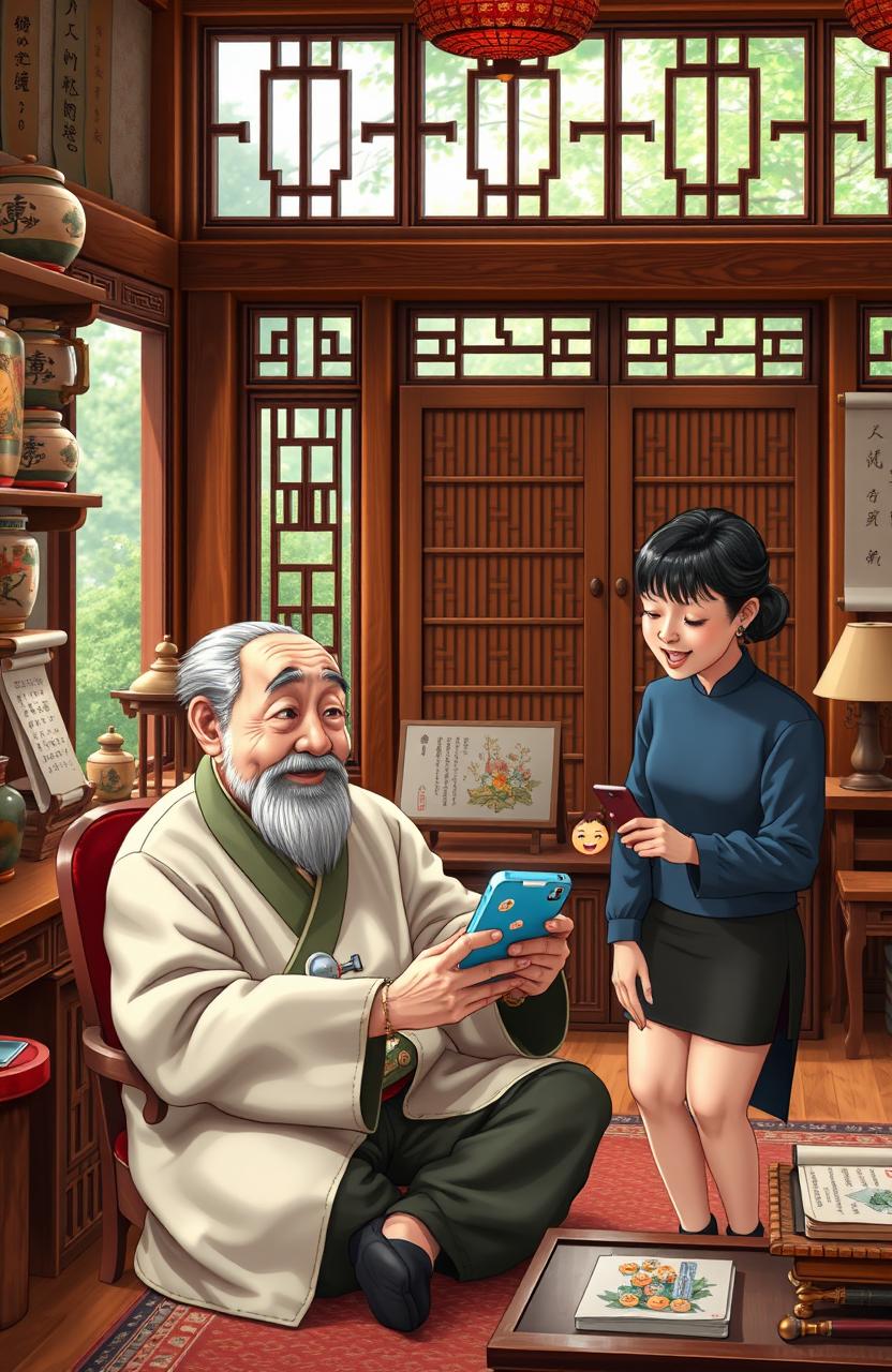 A humorous and educational scene depicting an elderly traditional Chinese doctor (老中医) engaging with modern digital culture by learning to use emoji (表情包)