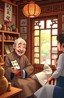 A humorous and educational scene depicting an elderly traditional Chinese doctor (老中医) engaging with modern digital culture by learning to use emoji (表情包)