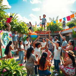 An inspiring and uplifting image capturing the essence of limitless potential, with a diverse group of people engaged in various activities that showcase creativity, collaboration, and achievement