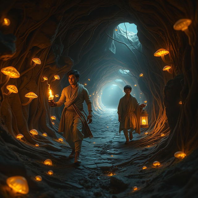 An enchanting and cinematic scene set in a magical world inside a network of tunnels resembling a mouse’s burrow