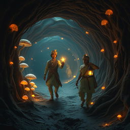 An enchanting and cinematic scene set in a magical world inside a network of tunnels resembling a mouse’s burrow
