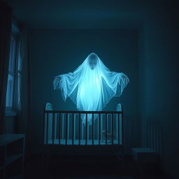A creepy, ethereal ghost hovering near a baby's crib at night, with an eerie glow emanating from its translucent form